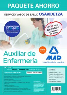 Portada de PAQUETE AHORRO AUXILIAR DE ENFERMERIA DE OSAKIDETZA (INCLYE TEMARIO COMUN Y TEST; TEMARIO GENERAL VOLUMENES 1, 2, 3)