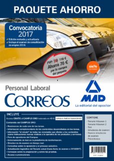 Portada de PAQUETE AHORRO PERSONAL LABORAL CORREOS (INCLUYE TEMARIOS 1 Y 2; TEST; SIMULACROS DE EXAMEN 1 Y 2; PSICOTECNICO Y ACCESO A CAMPUS
